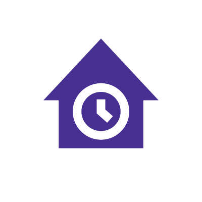 purple house with a clock in the middle icon