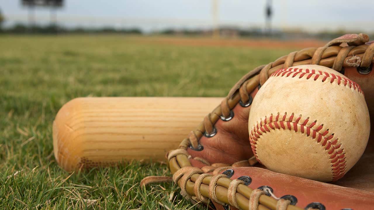 baseball, glove and bat in the grass